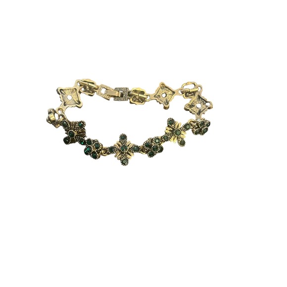 Vintage Gold Tone Clover Charm Bracelet Emerald Green Rhinestone Secure Clasp - Picture 6 of 6